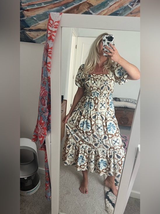 Gigio Dresses & Skirts - Smocked Midi Dress with Blue and Brown Tile Floral Print